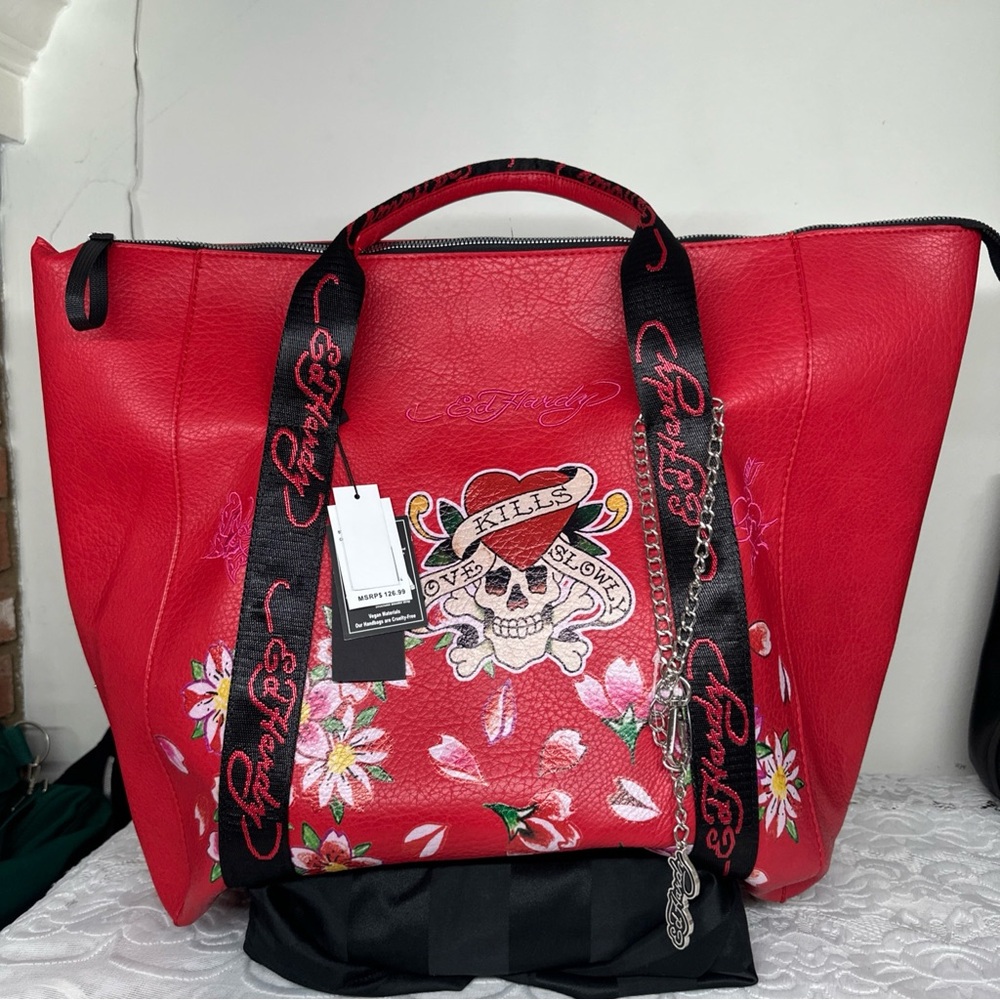 Ed Hardy Red Floral Skull Tote/ LOVE KILLS SLOWLY